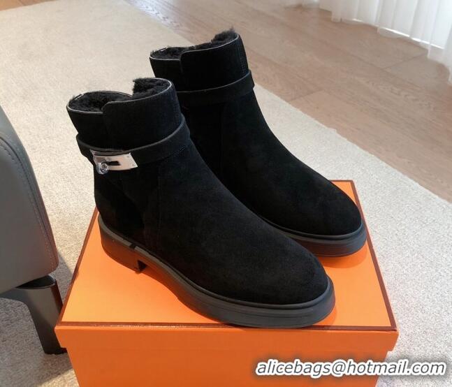 Sophisticated Hermes Veo Ankle Boots in Suede and Shearling with Kelly Buckle Black 1215010