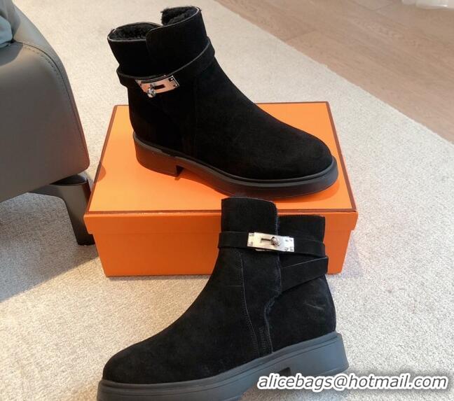 Sophisticated Hermes Veo Ankle Boots in Suede and Shearling with Kelly Buckle Black 1215010