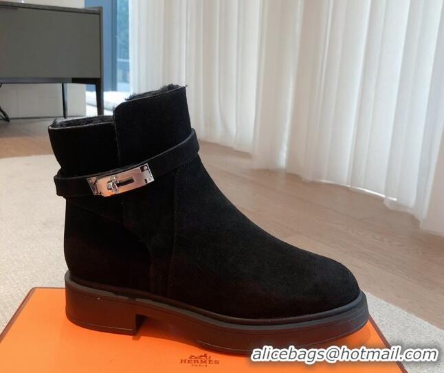 Sophisticated Hermes Veo Ankle Boots in Suede and Shearling with Kelly Buckle Black 1215010