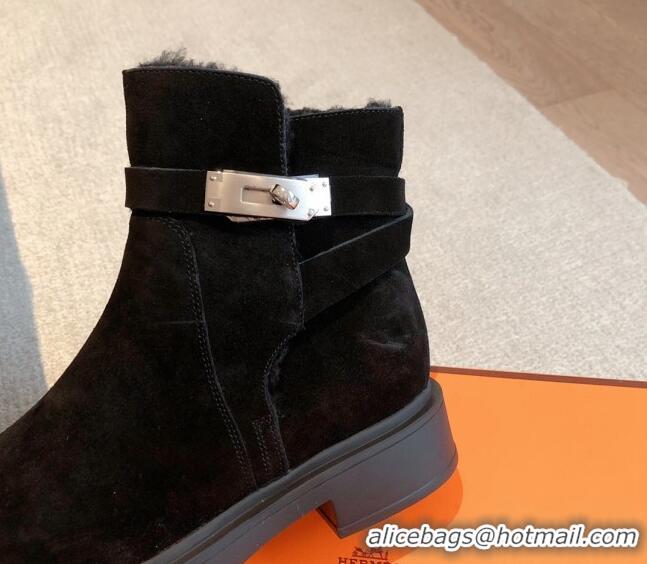 Sophisticated Hermes Veo Ankle Boots in Suede and Shearling with Kelly Buckle Black 1215010