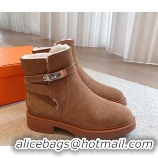 Perfect Hermes Veo Ankle Boots in Suede and Shearling with Kelly Buckle Brown 1215011