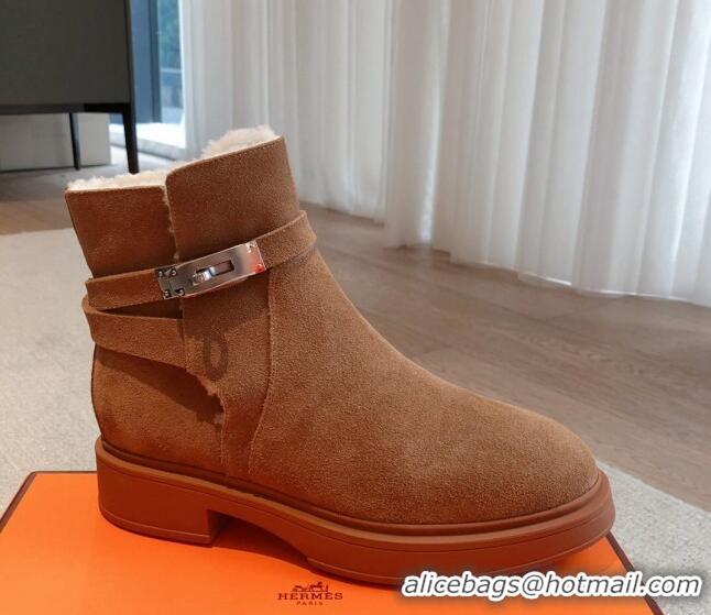 Perfect Hermes Veo Ankle Boots in Suede and Shearling with Kelly Buckle Brown 1215011