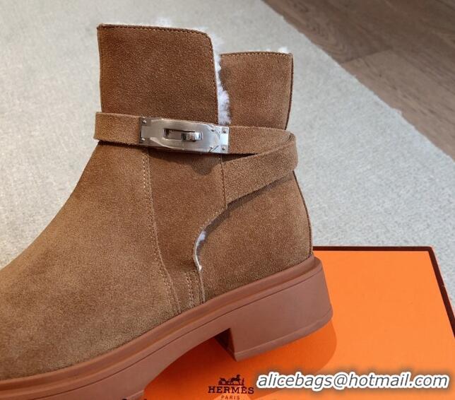 Perfect Hermes Veo Ankle Boots in Suede and Shearling with Kelly Buckle Brown 1215011