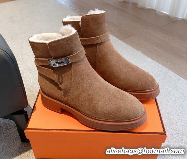 Perfect Hermes Veo Ankle Boots in Suede and Shearling with Kelly Buckle Brown 1215011