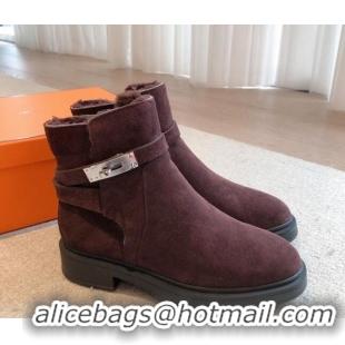 Pretty Style Hermes Veo Ankle Boots in Suede and Shearling with Kelly Buckle Purple 1215012