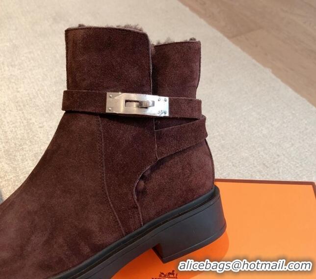 Pretty Style Hermes Veo Ankle Boots in Suede and Shearling with Kelly Buckle Purple 1215012