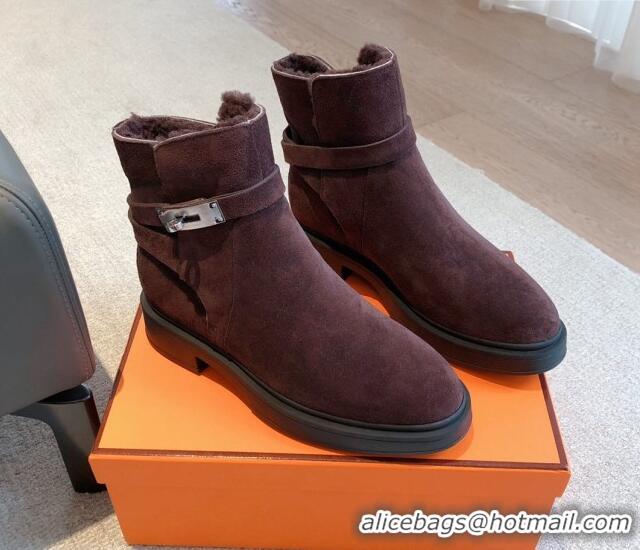 Pretty Style Hermes Veo Ankle Boots in Suede and Shearling with Kelly Buckle Purple 1215012