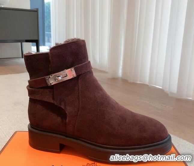 Pretty Style Hermes Veo Ankle Boots in Suede and Shearling with Kelly Buckle Purple 1215012