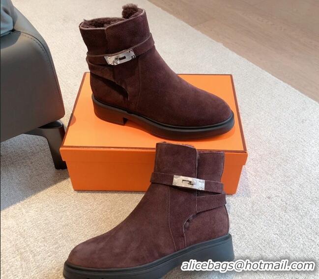 Pretty Style Hermes Veo Ankle Boots in Suede and Shearling with Kelly Buckle Purple 1215012