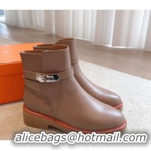 Grade Quality Hermes History Ankle Boots in Calfskin with Kelly Buckle Dark Beige 1215013