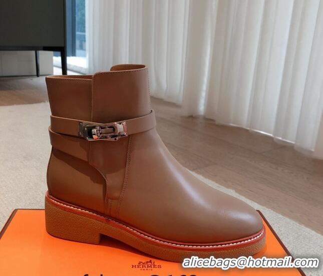 Grade Quality Hermes History Ankle Boots in Calfskin with Kelly Buckle Dark Beige 1215013