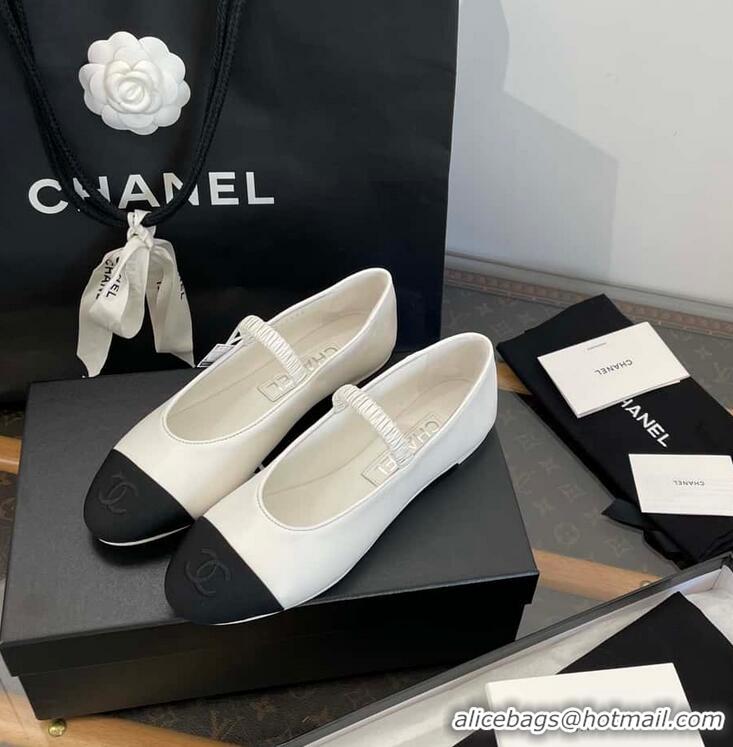 Inexpensive Chanel Ballerina Lambskin Mary Jane Ballet Flats CH8410 White