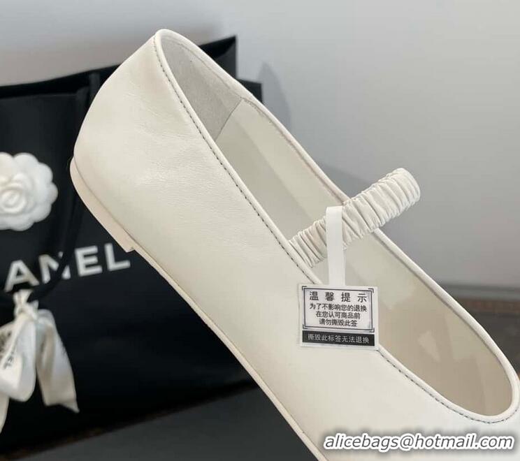 Inexpensive Chanel Ballerina Lambskin Mary Jane Ballet Flats CH8410 White