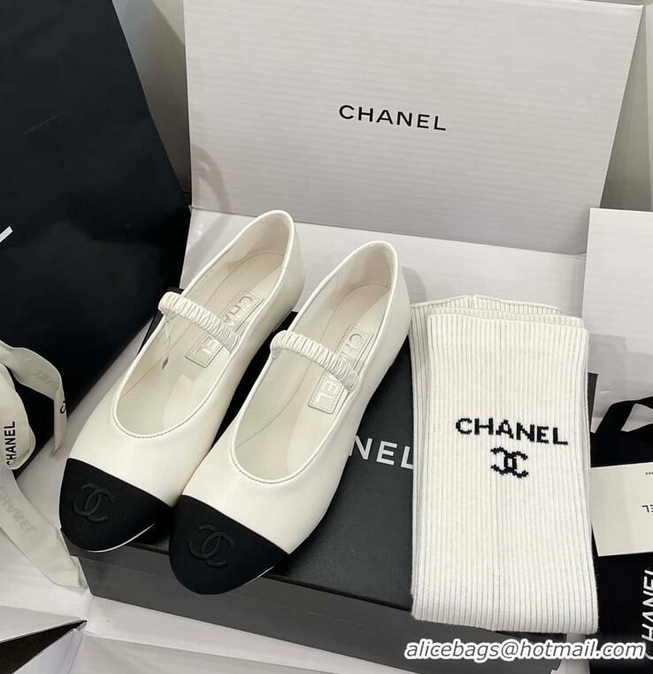 Inexpensive Chanel Ballerina Lambskin Mary Jane Ballet Flats CH8410 White