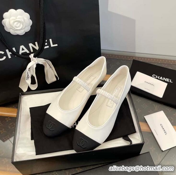 Inexpensive Chanel Ballerina Lambskin Mary Jane Ballet Flats CH8410 White