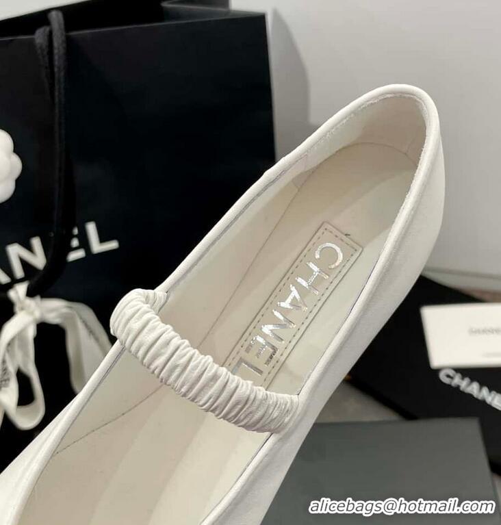 Inexpensive Chanel Ballerina Lambskin Mary Jane Ballet Flats CH8410 White