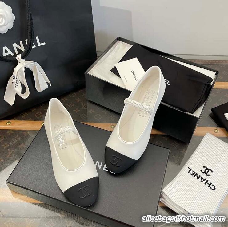 Inexpensive Chanel Ballerina Lambskin Mary Jane Ballet Flats CH8410 White