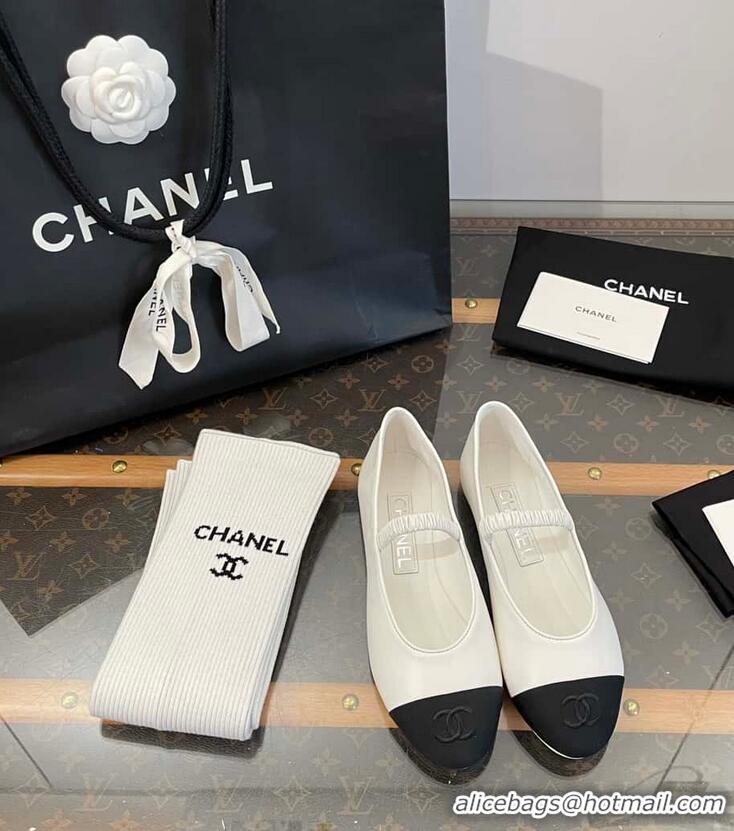 Inexpensive Chanel Ballerina Lambskin Mary Jane Ballet Flats CH8410 White