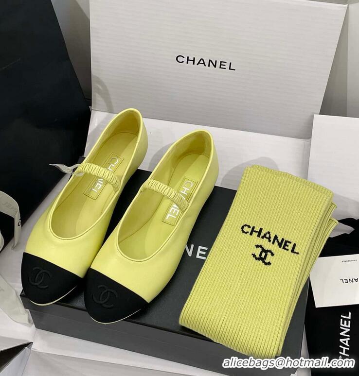 Best Price Chanel Ballerina Lambskin Mary Jane Ballet Flats CH8410 Yellow