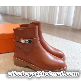 Duplicate Hermes History Ankle Boots in Calfskin with Kelly Buckle Brown 1215014