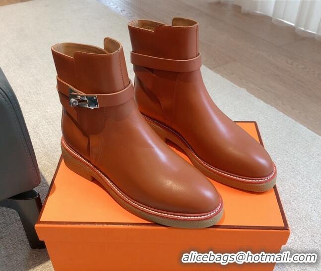 Duplicate Hermes History Ankle Boots in Calfskin with Kelly Buckle Brown 1215014