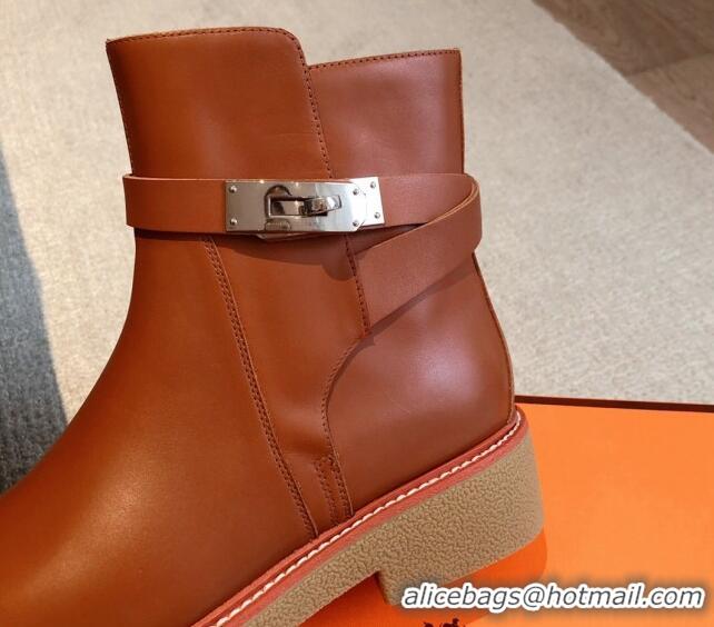 Duplicate Hermes History Ankle Boots in Calfskin with Kelly Buckle Brown 1215014