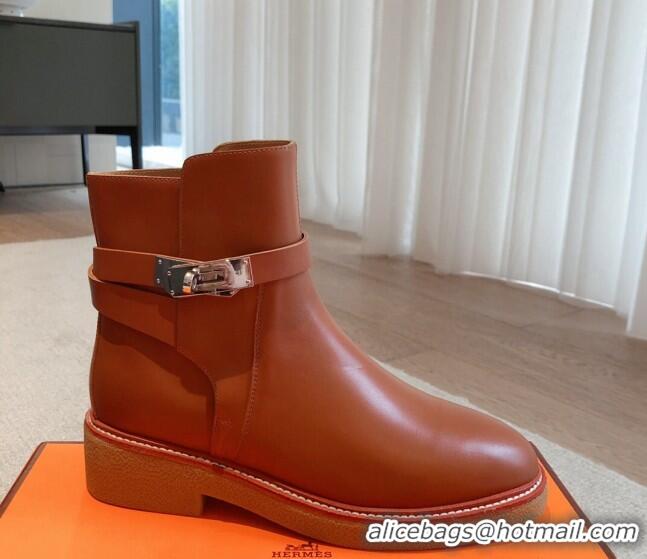 Duplicate Hermes History Ankle Boots in Calfskin with Kelly Buckle Brown 1215014