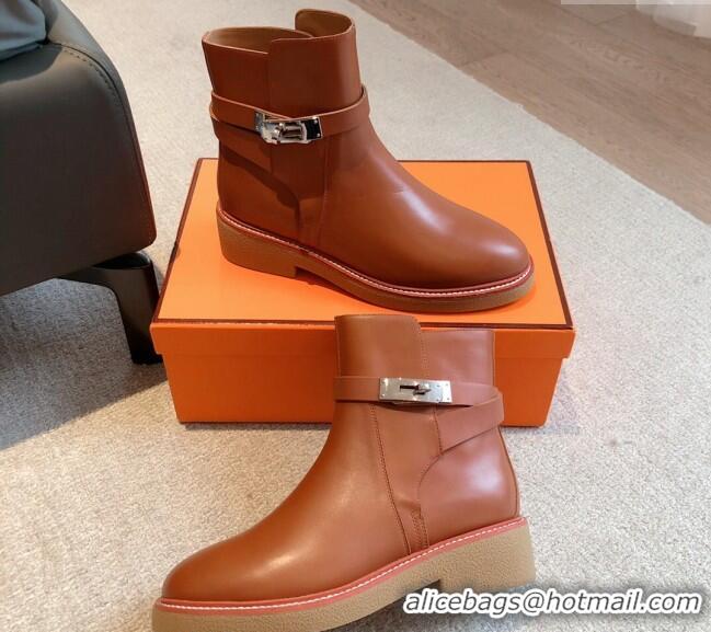 Duplicate Hermes History Ankle Boots in Calfskin with Kelly Buckle Brown 1215014