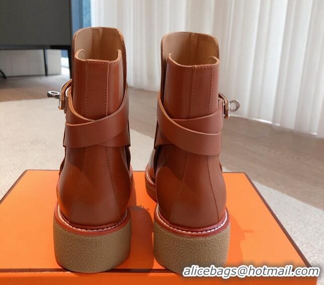 Duplicate Hermes History Ankle Boots in Calfskin with Kelly Buckle Brown 1215014