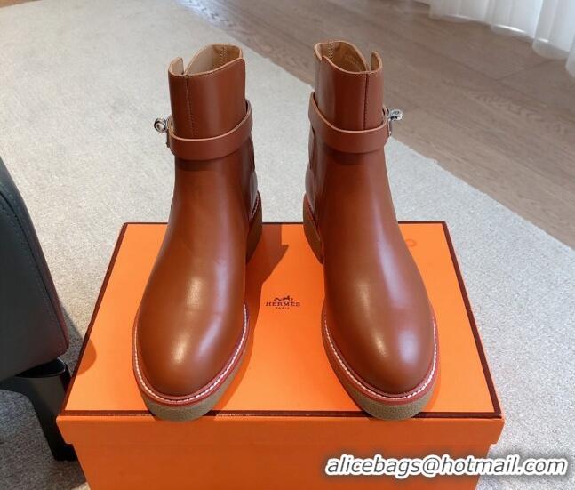 Duplicate Hermes History Ankle Boots in Calfskin with Kelly Buckle Brown 1215014