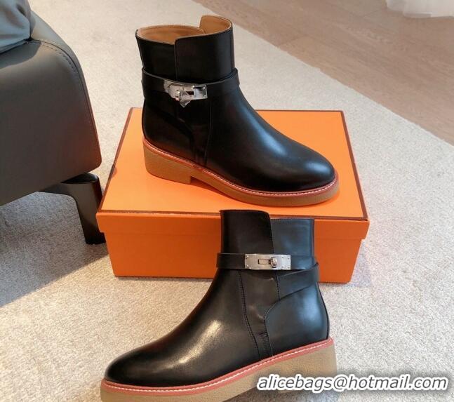 Best Price Hermes History Ankle Boots in Calfskin with Kelly Buckle Black 1215015