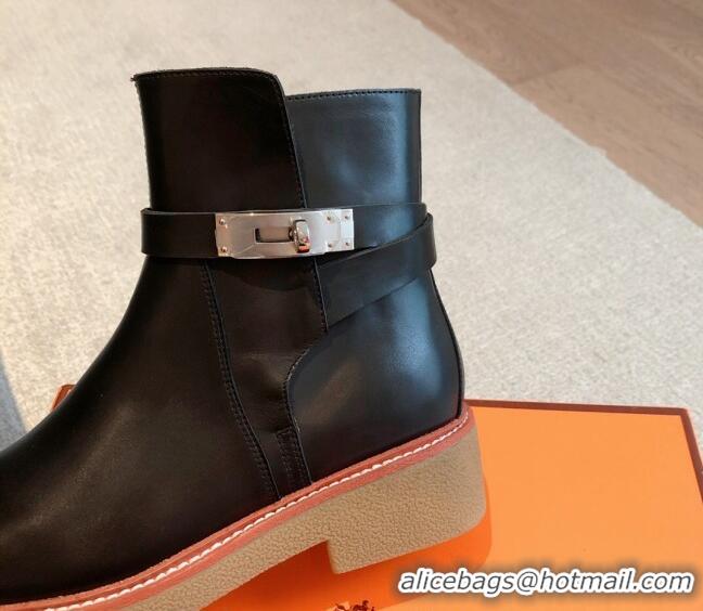 Best Price Hermes History Ankle Boots in Calfskin with Kelly Buckle Black 1215015