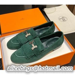 Hot Style Hermes Royal Loafers in Suede with Fringe Dark Green 215024