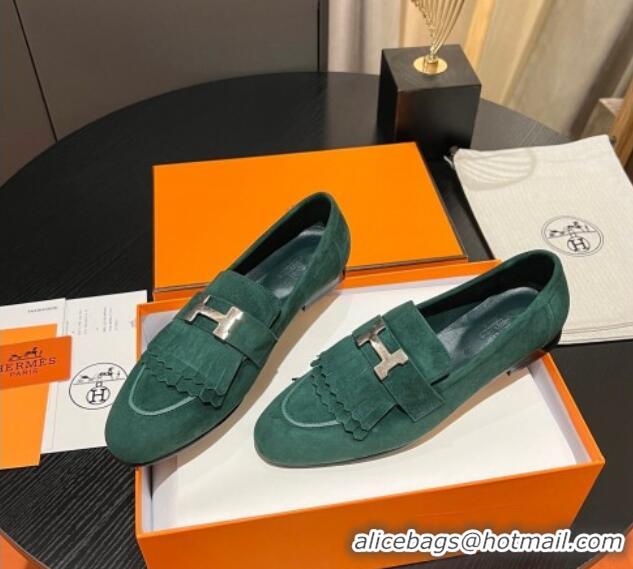 Hot Style Hermes Royal Loafers in Suede with Fringe Dark Green 215024