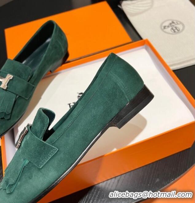 Hot Style Hermes Royal Loafers in Suede with Fringe Dark Green 215024