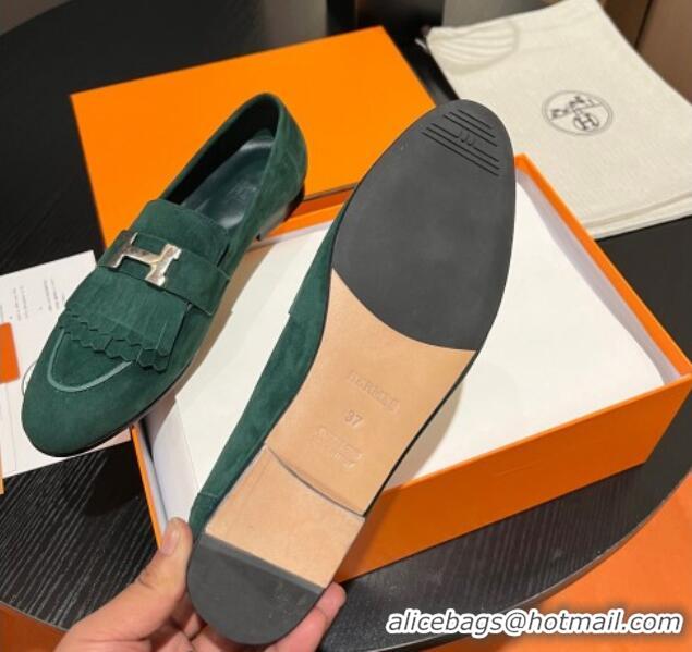 Hot Style Hermes Royal Loafers in Suede with Fringe Dark Green 215024