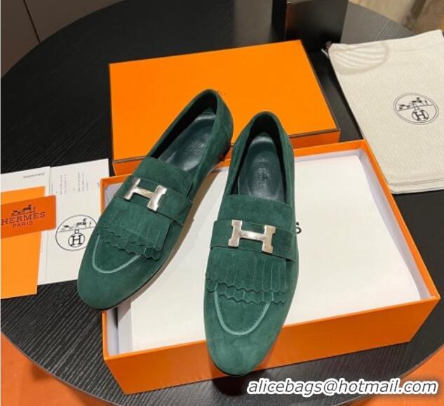 Hot Style Hermes Royal Loafers in Suede with Fringe Dark Green 215024