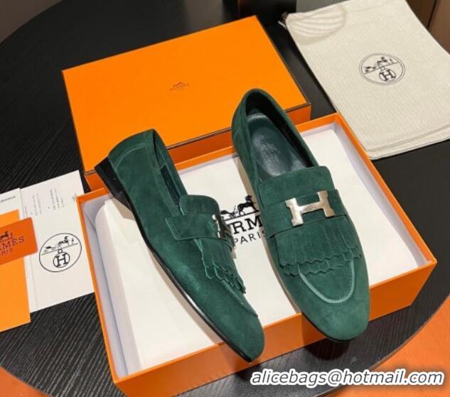 Hot Style Hermes Royal Loafers in Suede with Fringe Dark Green 215024