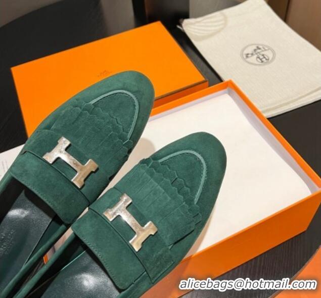 Hot Style Hermes Royal Loafers in Suede with Fringe Dark Green 215024