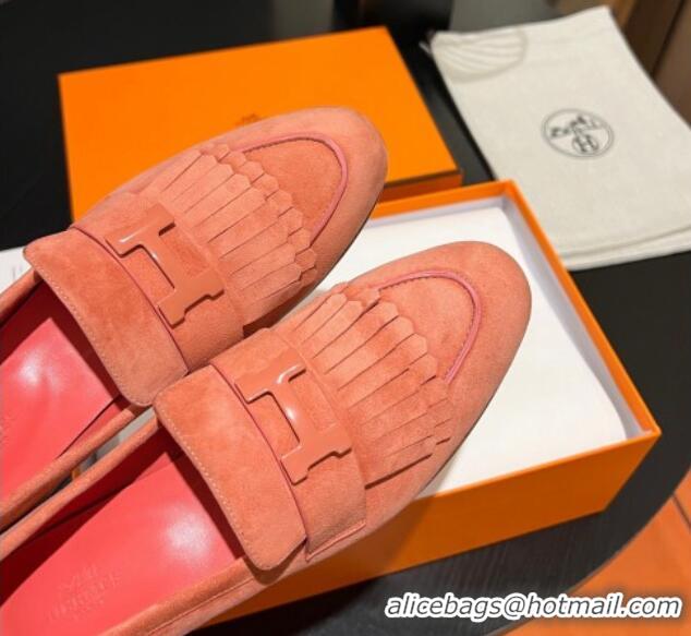 Good Quality Hermes Royal Loafers in Suede with Fringe Peachy Pink 215025