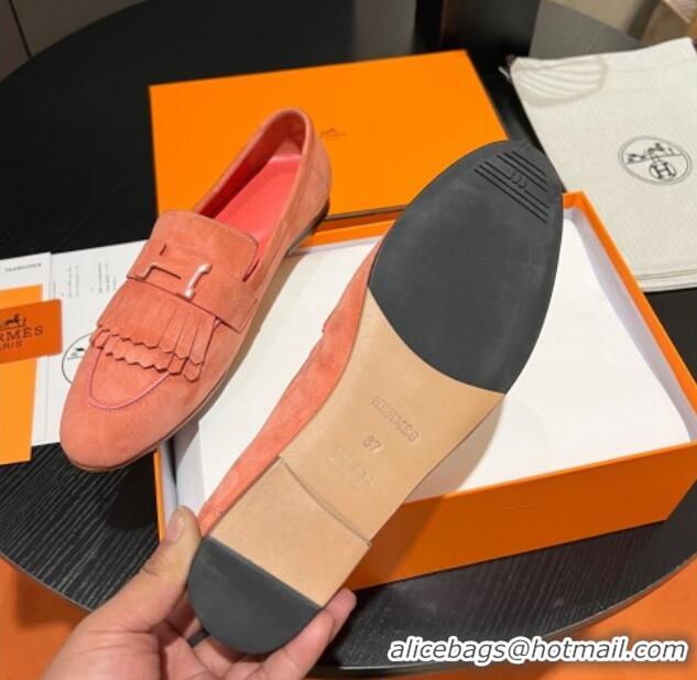 Good Quality Hermes Royal Loafers in Suede with Fringe Peachy Pink 215025