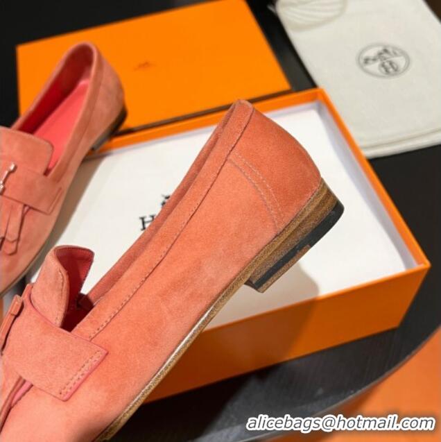 Good Quality Hermes Royal Loafers in Suede with Fringe Peachy Pink 215025