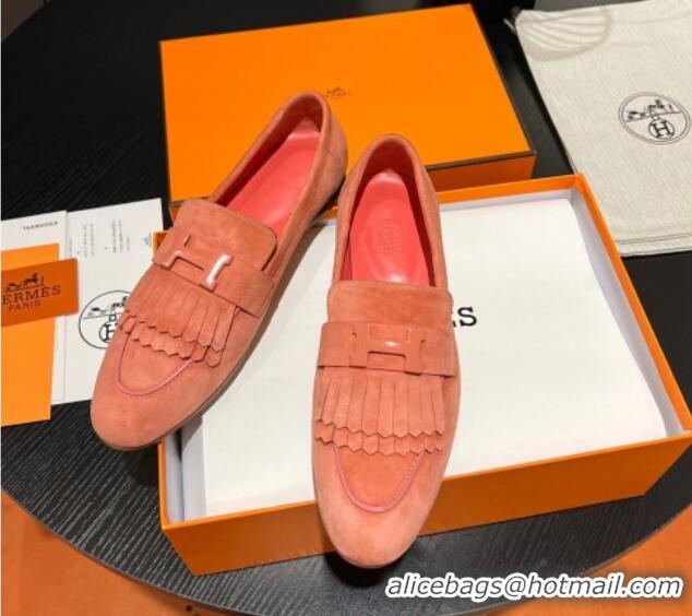 Good Quality Hermes Royal Loafers in Suede with Fringe Peachy Pink 215025