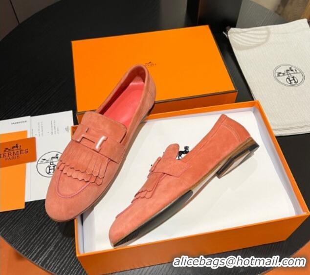 Good Quality Hermes Royal Loafers in Suede with Fringe Peachy Pink 215025