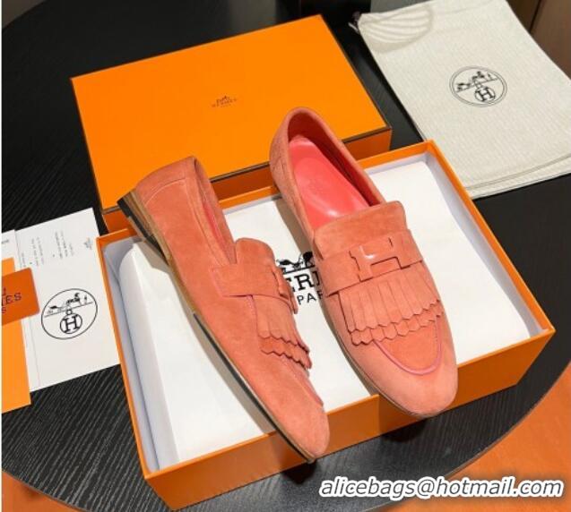 Good Quality Hermes Royal Loafers in Suede with Fringe Peachy Pink 215025