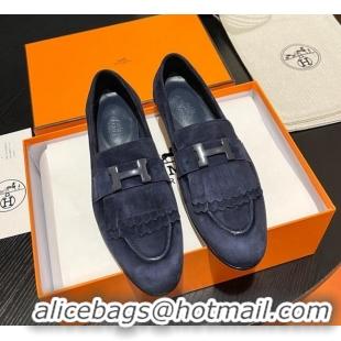 Shop Duplicate Hermes Royal Loafers in Suede with Fringe Dark Blue 215026