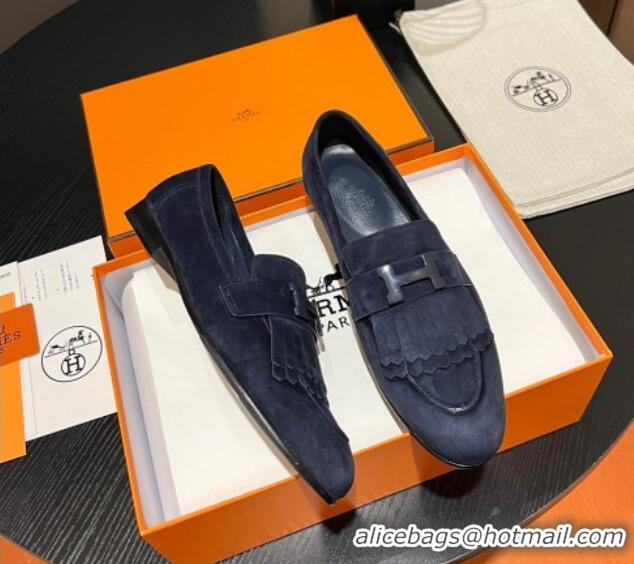 Shop Duplicate Hermes Royal Loafers in Suede with Fringe Dark Blue 215026