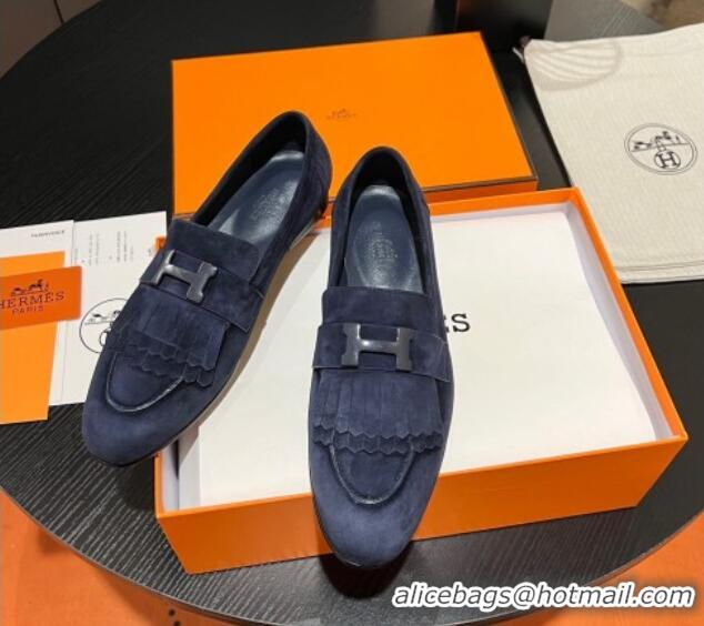 Shop Duplicate Hermes Royal Loafers in Suede with Fringe Dark Blue 215026