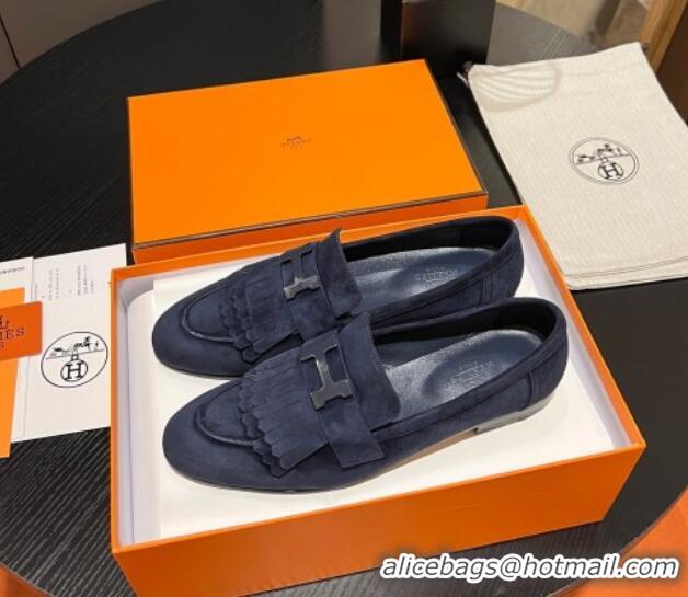 Shop Duplicate Hermes Royal Loafers in Suede with Fringe Dark Blue 215026