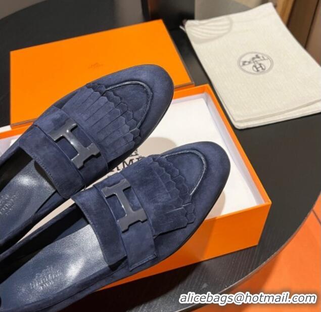 Shop Duplicate Hermes Royal Loafers in Suede with Fringe Dark Blue 215026